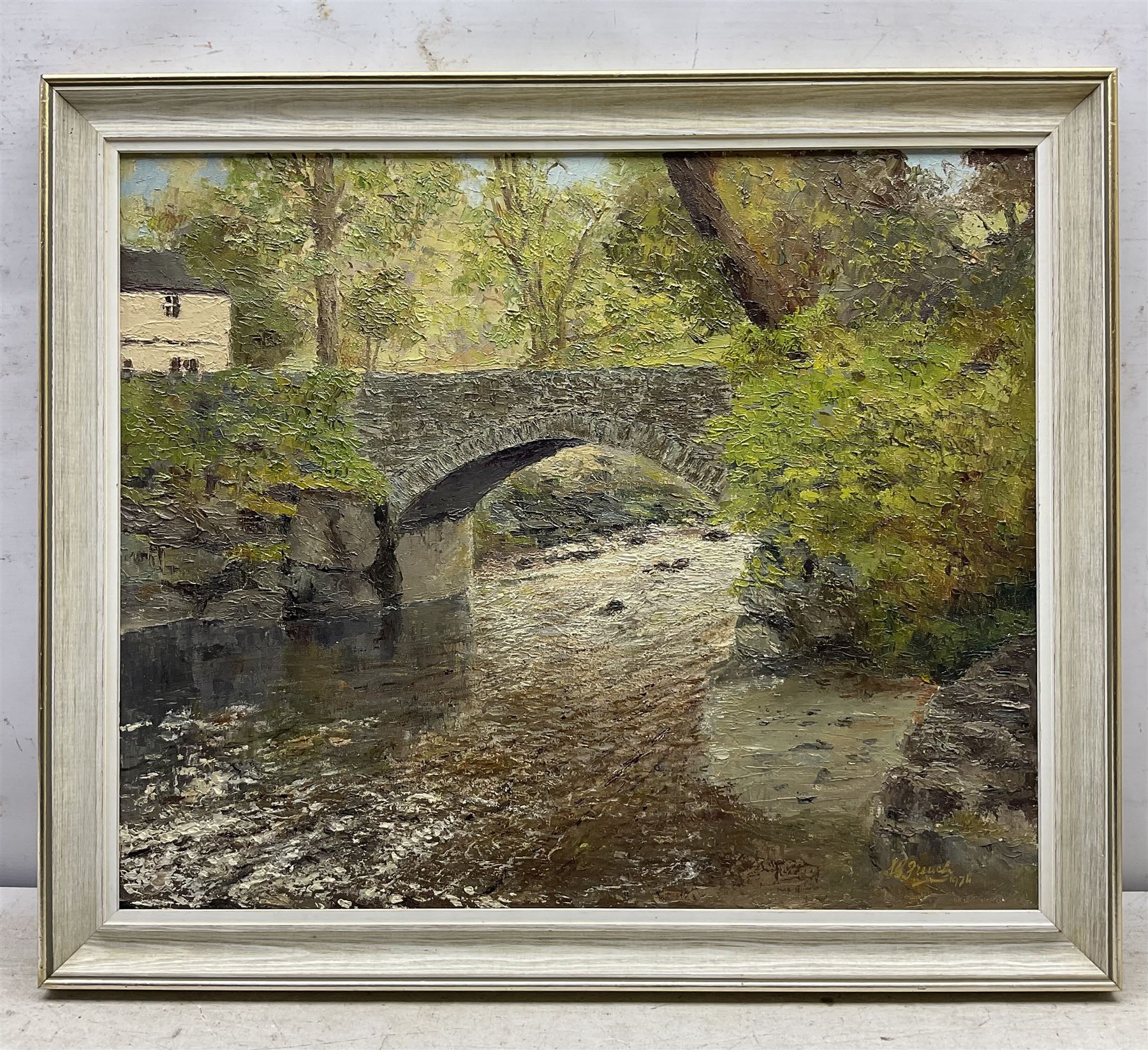 French (20th century): Stone Bridge, oil on board signed and dated 1974, 50cm x 60cm