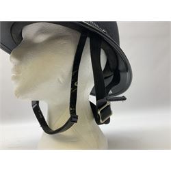 British Transport Police Custodian helmet with Queen's Crown plate; Hiatt & Co ebonised hardwood patrol truncheon; and pair of Hiatts 1960 hand-cuffs (3)