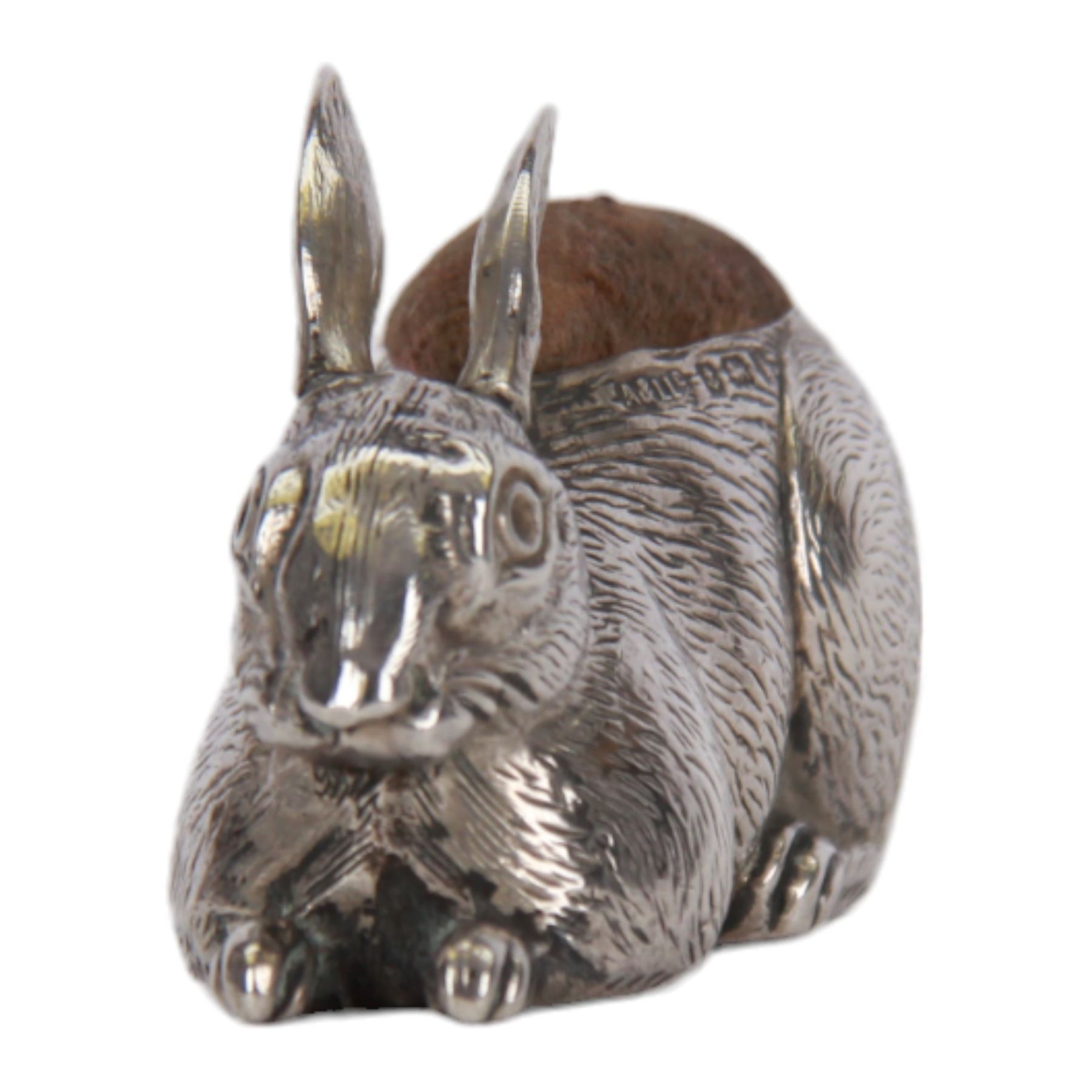 Edwardian silver novelty pin cushion, modelled as a hare, hallmarked Adie & Lovekin Ltd, Birmingham 1908, L6.5cm