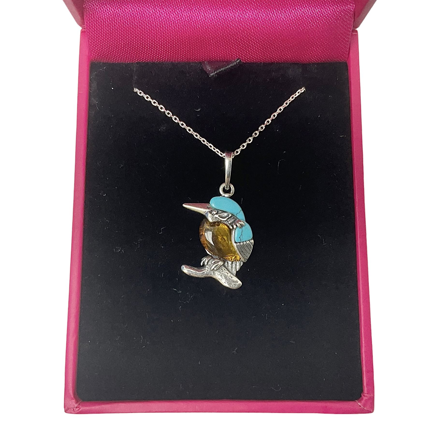 Silver Baltic amber and turquoise kingfisher pendant necklace, stamped 925 and boxed 