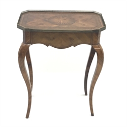  Early 19th century French kingwood and yew side table, brass galleried top inlaid with a star and hatched border shaped apron with frieze drawer on angular cabriole legs, W58cm, D34cm, H75cm  