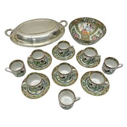 Nine Chinese export coffee cans with six saucers, decorated in polychrome enamels with cockerels, together with a similar Chinese bowl decorated with figural panels and a silver plated serving dish