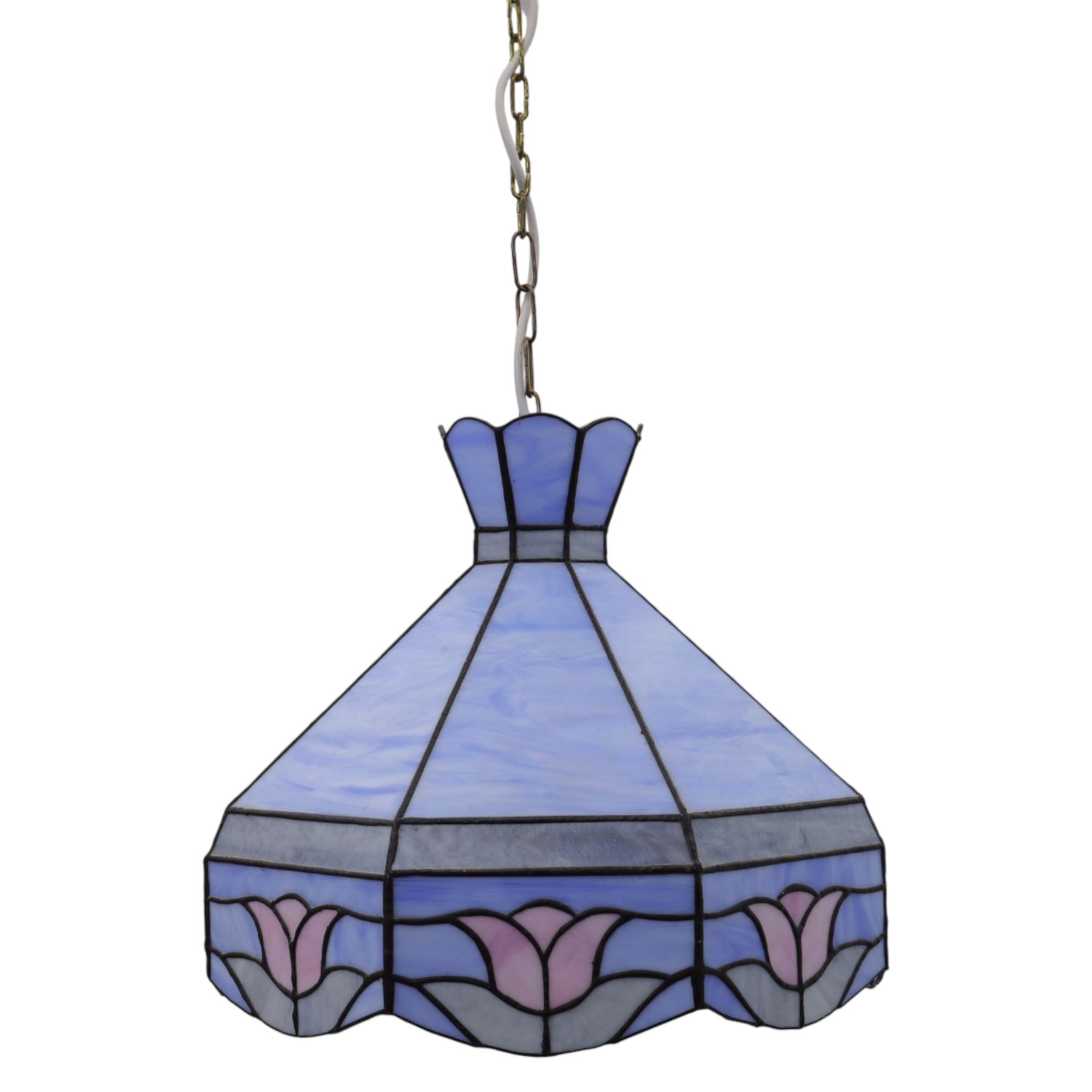 20th century Tiffany style stained glass centre light, the multi-sided shade formed from marbled blue glass panels bordered by a band of stylised floral motifs