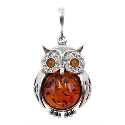 Silver amber owl pendant, stamped 925