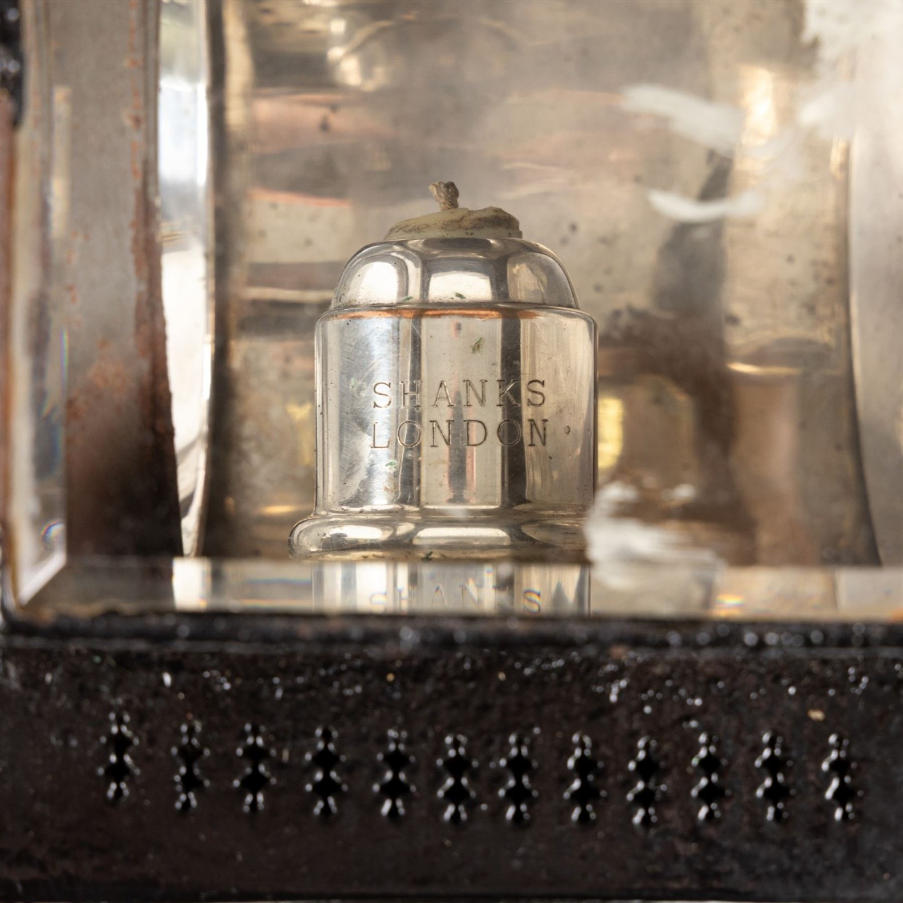 Shanks (London) - good pair of silver plated and toleware carriage lamps, gilded circular housing, bevelled side glass, maker engraved to candle mount