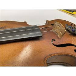 French Mirecourt violin c1920s with 36cm one-piece maple back and ribs and spruce top, labelled Jermone Thibouville-Lamy, L59cm, in fitted carrying case with German bow and 1984 valuation certificate by Frome Valley Music