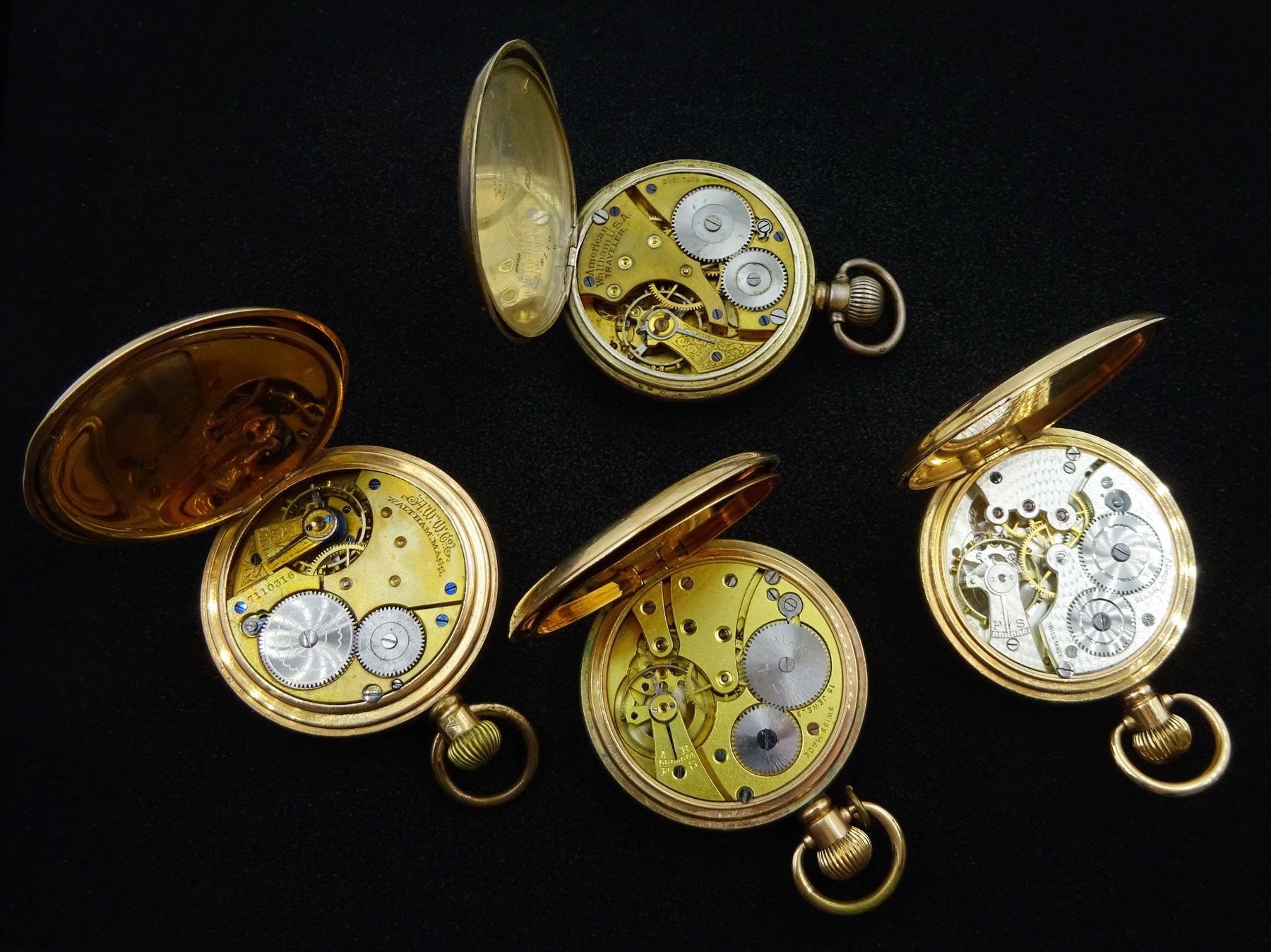 Three goldplated keyless lever pockets watches including open face 'Lothian Lever' by J D