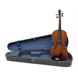 French Medio Fino three-quarter size violin for completion c1900 with 33cm two-piece maple back and ribs and spruce top, bears label 'Medio Fino' L54.5cm; in ebonised wooden coffin carrying case