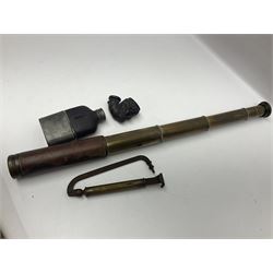 Early 20th century brass and leather three-draw telescope by J.T. Coppack Ltd London; continental smoking pipe bowl as a Bacchanalian type head; small brass suspension scales to weigh 16lb; and James Dixon & Sons pewter and leather hip flask (4)