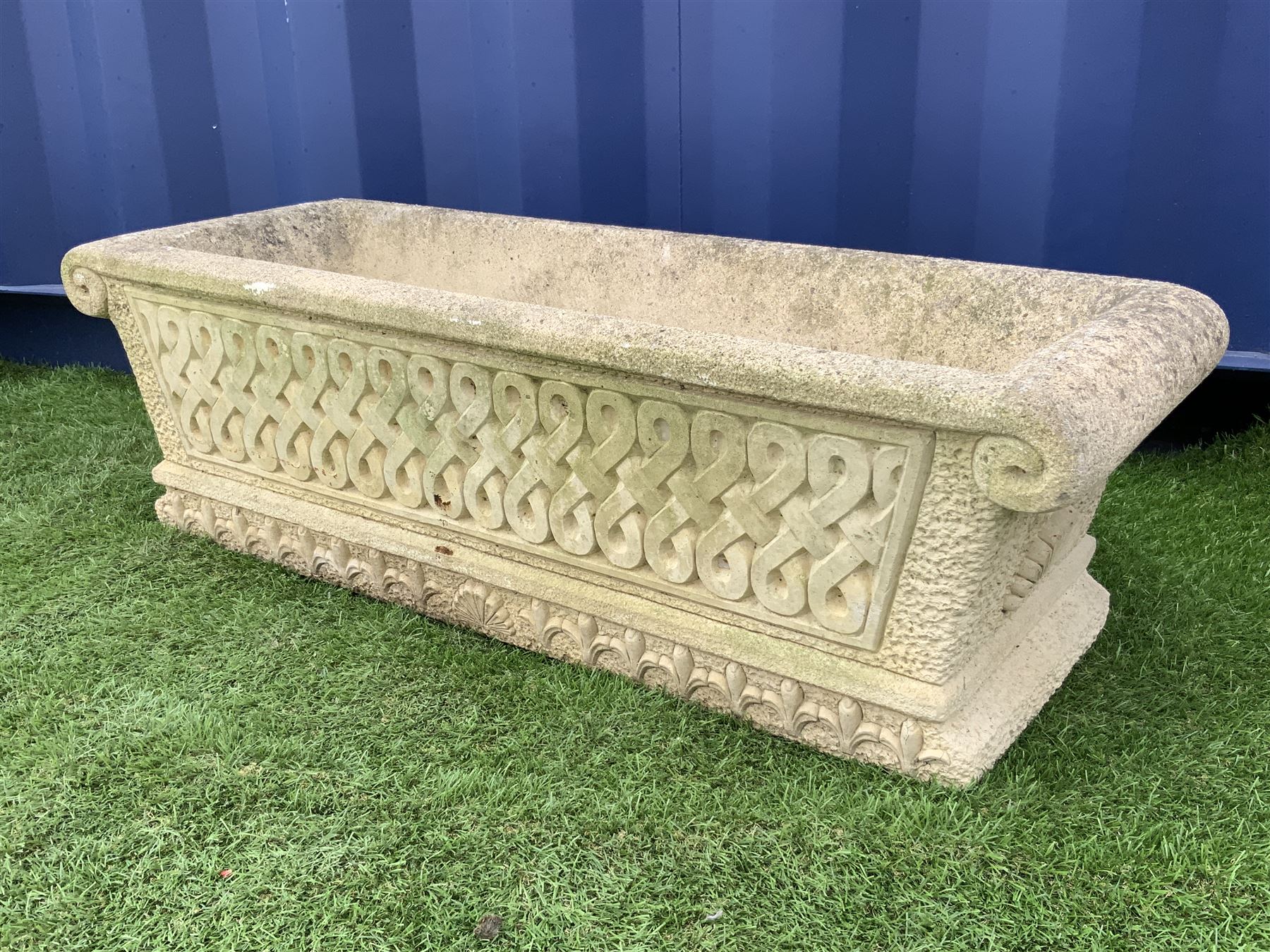Cotswold Studios Ltd - rectangular garden planter, tapering form with crossover lattice scroll decoration  - THIS LOT IS TO BE COLLECTED BY APPOINTMENT FROM DUGGLEBY STORAGE, GREAT HILL, EASTFIELD, SCARBOROUGH, YO11 3TX