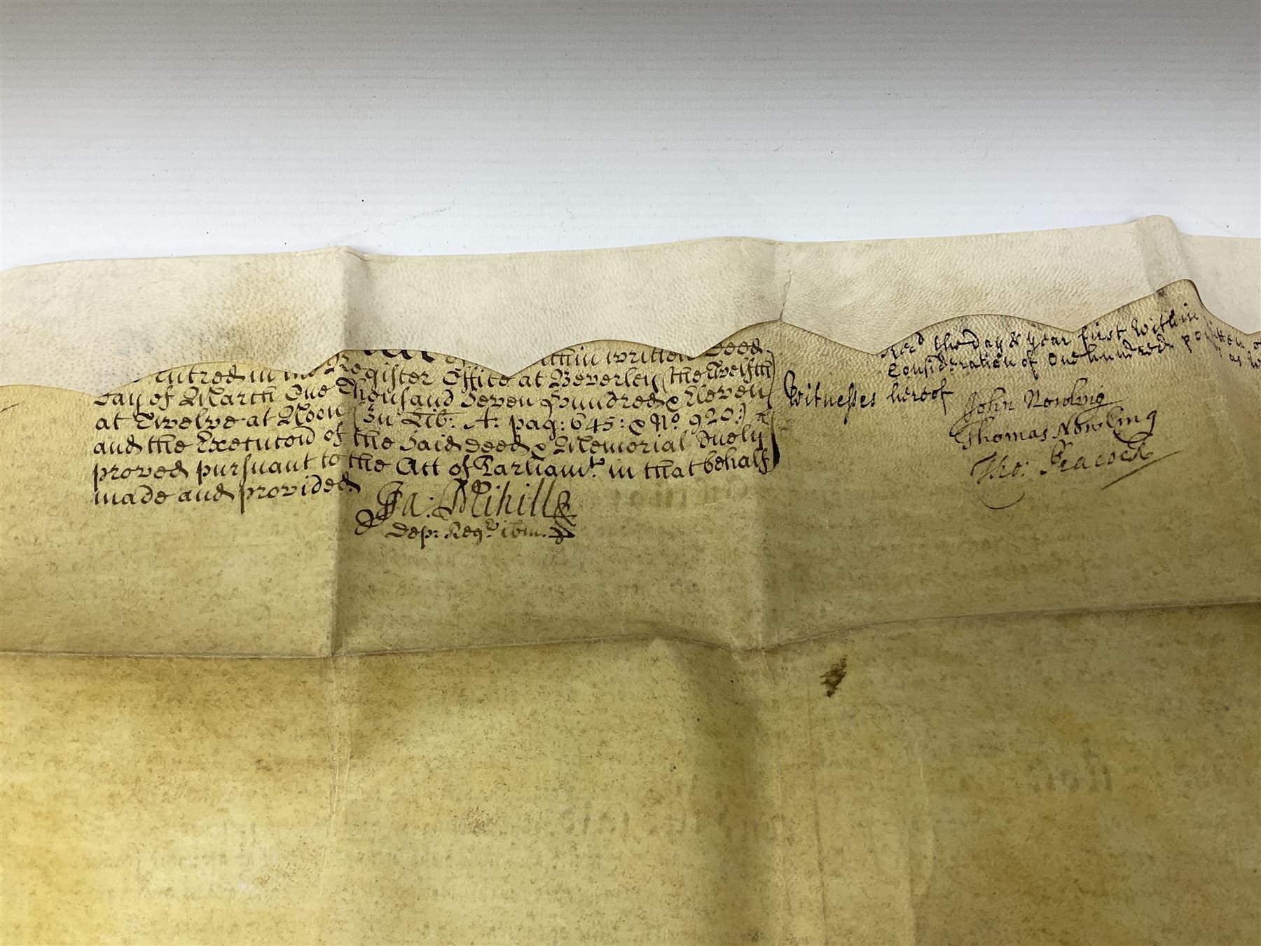 Three 17th/18th century manuscript deeds on vellum relating to properties in Bowling Alley Lane, Hull - one dated 16/12/1689 with seal 44 x 65cm; mortgage dated 20/2/1711 56 x 74cm; and assignment of mortgage dated 5/5/1727 with seal; all folded (3)