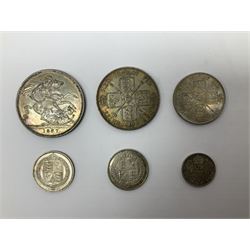 Six Queen Victoria coins, all dated 1887, comprising crown, double florin, florin, two one shilling coins and a sixpence piece 