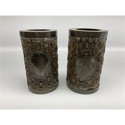 Pair of unusual Victorian silver mounted 'Formosa Tree' vases, each of cylindrical form with silver mounted rim and base, with central applied oval panel with engraved presentation monograms, the rims also engraved 'Branch of Formosa Tree Fern', H15cm D9cm