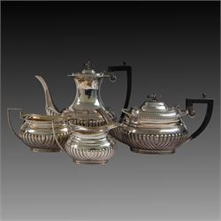 Edwardian silver four piece tea service, comprising coffee pot, teapot, twin handled open ...