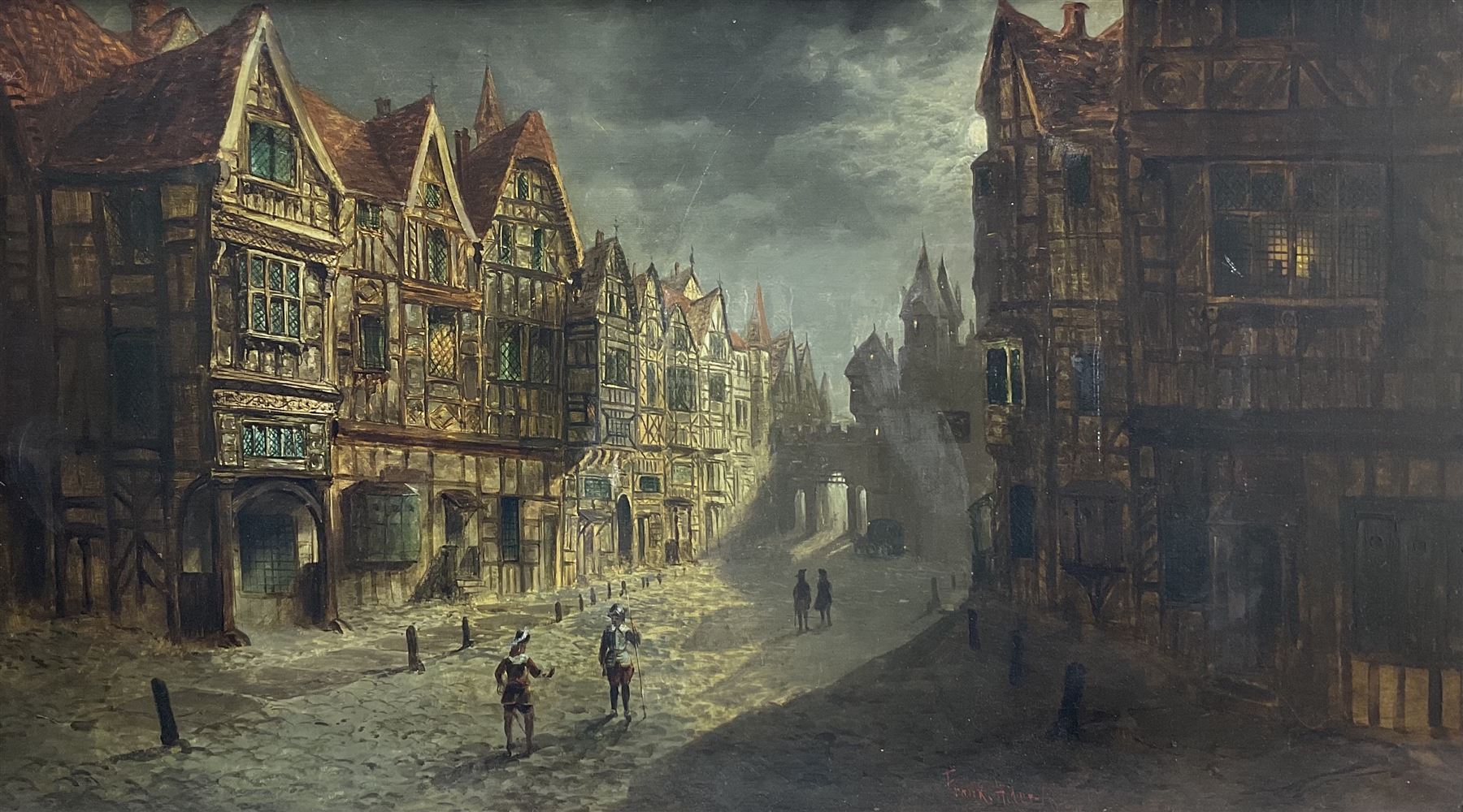 Frank Hider (British 1861-1933): 17th century Street Scene by Moonlight, oil on canvas signed and dated 1886, 59cm x 106cm