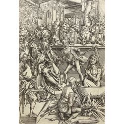 Albrecht Dürer (German 1471-1528): 'The Martyrdom of Saint John', wood cut from The Apocalypse portfolio first pub. 1498, 38cm x 27cm