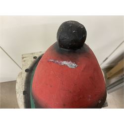 Folk art circus clown cabinet, the the two hinged doors with bow tie decoration opening to reveal fitted shelved interior, the body painted with polka dots and spades, H121cm