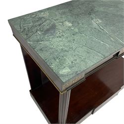 Late 19th century mahogany console or pier table, rectangular green marble top over a break-front frieze inlaid with brass scroll work panels, reed and ribbon gilt metal and wooden beaded applied mouldings, on turned and fluted front supports, plain mirror back over plinth platform base