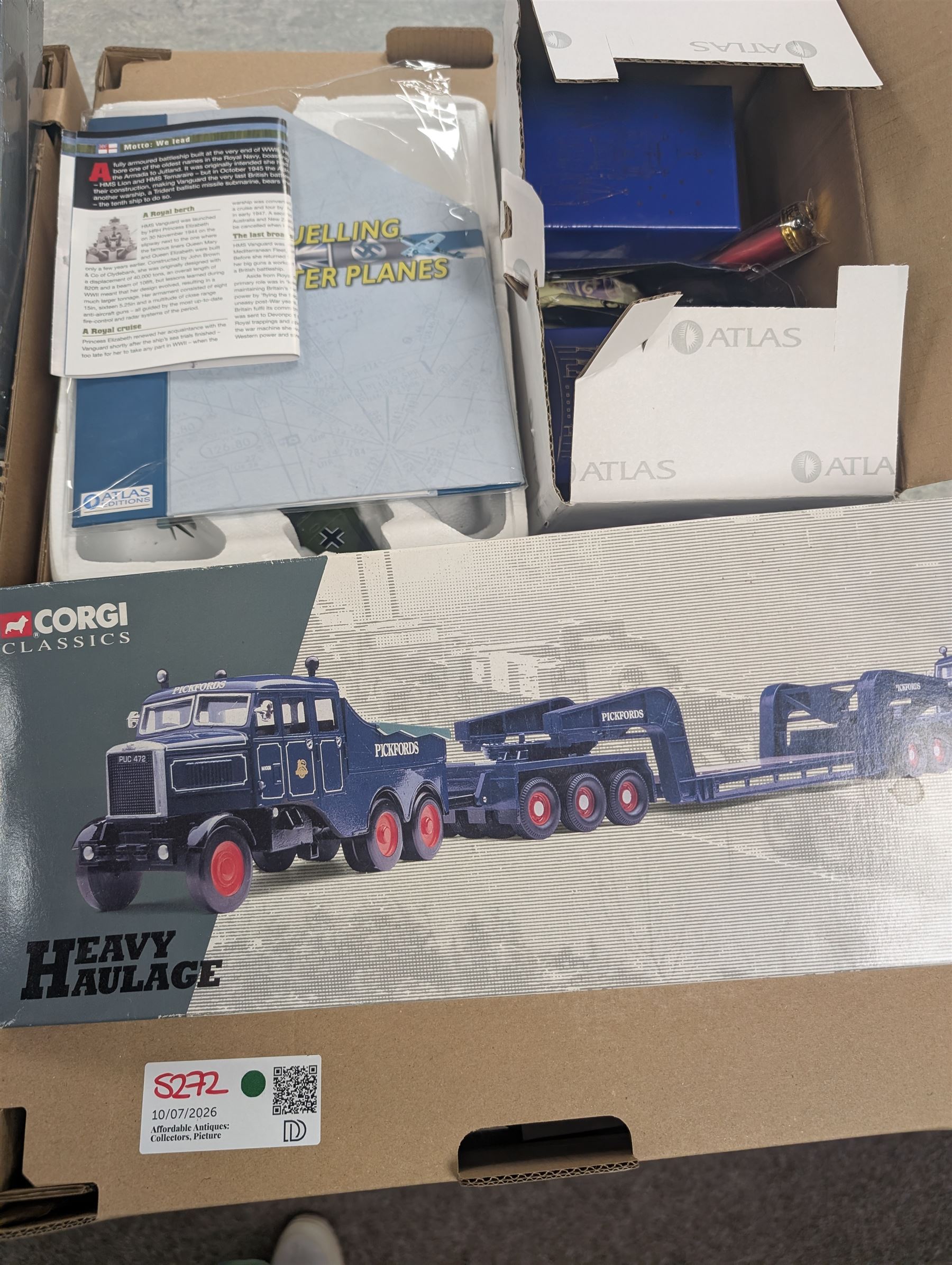 Corgi Heavy Haulage 1:50 scale Pickfords Scammell Constructors and Low Loader, boxed together with a collection of Atlas Editions diecast models, including military aircraft, Great British Buses, Legendary Warships, etc all boxed