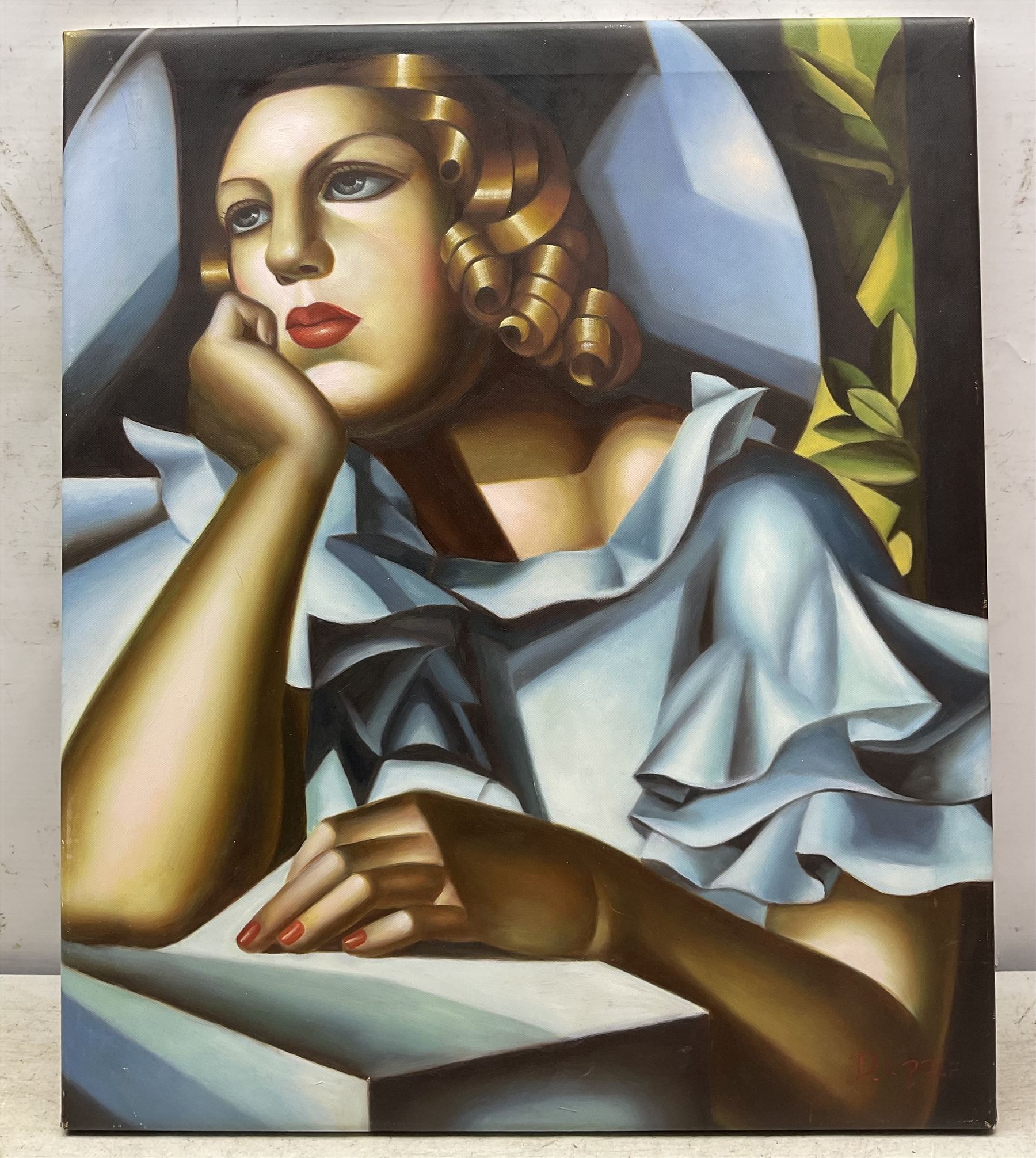 After Tamara de Lempicka (Polish 1898-1980): 'Wide Brimmed Hat', acrylic on canvas signed 'D Epple', titled verso 61cm x 51cm (unframed)