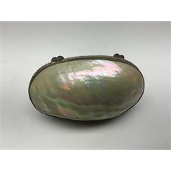 19th century lacquer thimble case with painted portrait of a woman to the hinged lid, together with two mother of pearl egg shaped thimble cases and one other