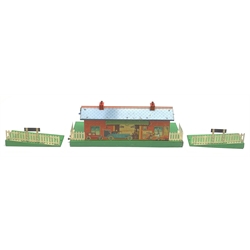 Hornby '0' gauge - three-piece Wembley Station fitted with electric lighting, tin printed building and green platforms, in post production Hornby Series green labelled plain cardboard box