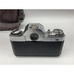 Four Zeiss Ikon camera bodies, to include, Contaflex Super B camera body, serial no. B31591, with 'Carl Zeiss Tessar 2.8/50 lens, serial no.3425553, Contaflex Super BC camera body, serial no. P81728, with 'Carl Zeiss Tessar 2.8/50' lens, serial no 4822280, etc, together with three cased lenses; 'Carl Zeiss Pro-Tessar 1:4 f=115mm' lens, serial no 3734740, 'Carl Zeiss Pr-Tessar 1:3.2 f=85mm' lens, serial no. 3647764 and 'Carl Zeiss Pr-Tessar 1:3.2 f=35mm' lens, and other Zeiss Ikon equipment 