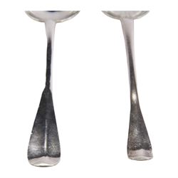 Two early/mid 18th century American silver Hanovarian pattern tablespoons with rat tail bowls, the first example marked for John Burt, Boston, circa 1730, the second marked for George Hanners, Boston, each approximately L19cm