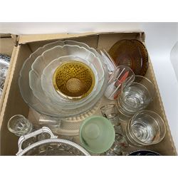 Swan Doric Ware three piece tea set and tray, Bohemia crystal vases and a collection of other glass and metal ware, etc in four boxes 