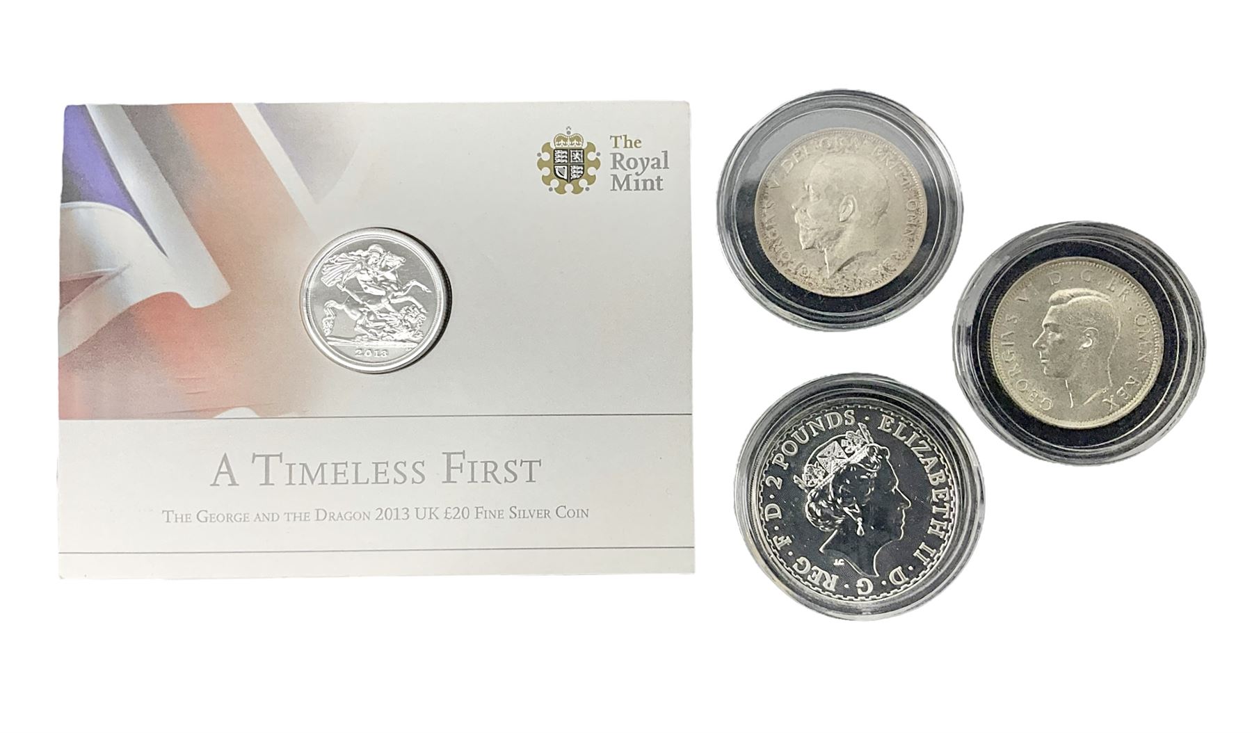Queen Elizabeth II 2017 one ounce fine silver Britannia coin, The Royal Mint 2013 fine silver twenty pound coin on card, King George VI 1945 halfcrown and King George V 1916 halfcrown