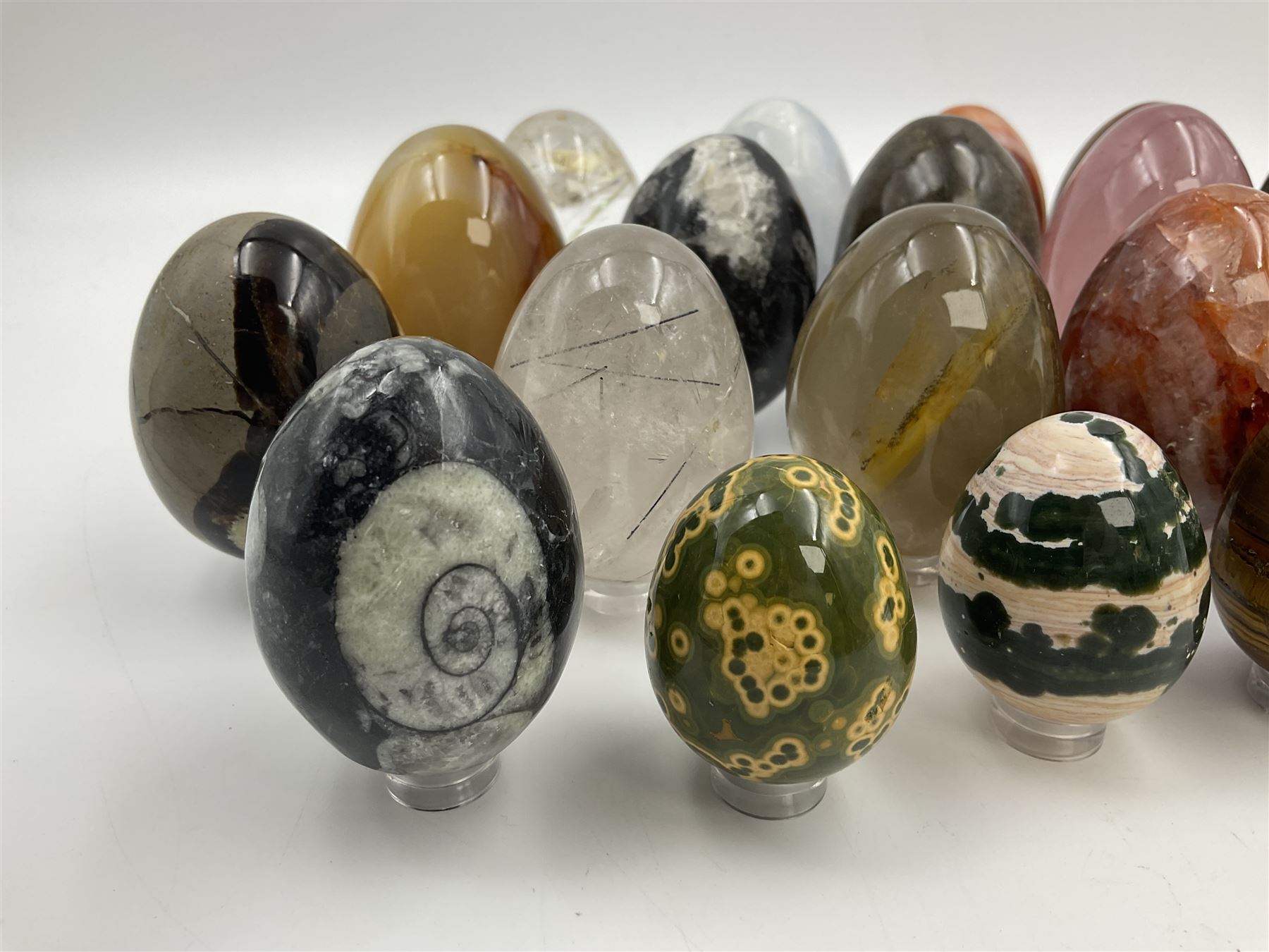 Collection of twenty-one hardstone specimen eggs, including labradorite, calcite, orbicular jasper, tiger's eye, smokey quartz, fossilised wood etc, originally part of the collection of the late Stanley J Seeger