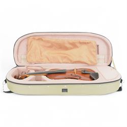 20th century-full sized violin, maple back and side ribs with a spruce top and chin rest, ebonised fretboard and fittings, no bow, housed in a soft case. 
