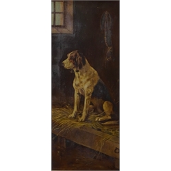  Fox Hound in a Stable, 19th century oil on canvas signed with initials B.C.M 90cm x 37cm  