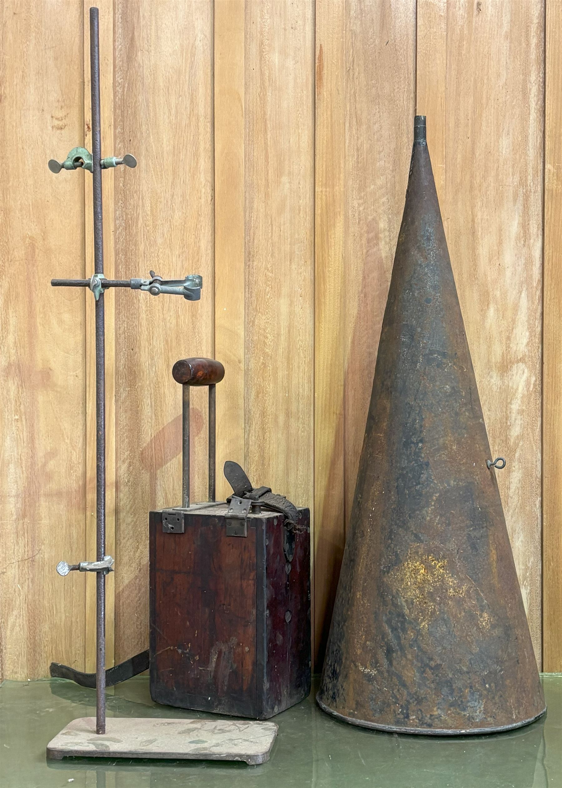 Victorian dynamite demolition plunger in mahogany case (H54cm) together with a gramophone horn (H90cm) and a vintage science lab test tube holder. (H100cm) (3)  - COLLECTION BY APPOINTMENT FROM: The White House, Thirsk Road, Easingwold, York, YO61 3NF - CALL 01723 507111 TO ARRANGE