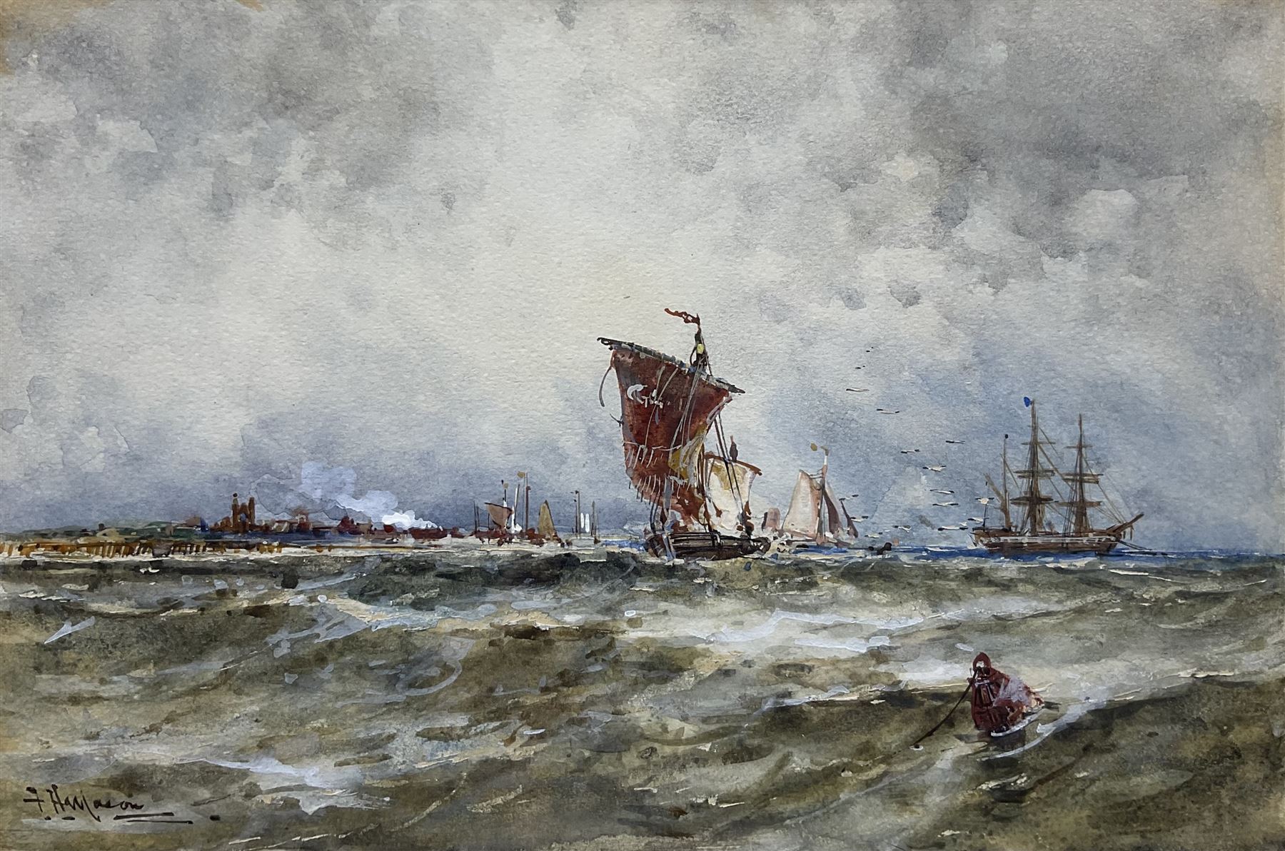 Frank Henry Mason (Staithes Group 1875-1965): Shipping off the Coast, possibly St Andrews, watercolour heightened in white signed 15cm x 23cm