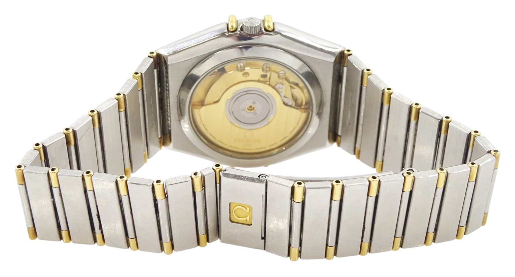 Omega Constellation gentleman's stainless steel and gold automatic chronometer wristwatch, Ref. Cal. 1111, serial No. 49547890, white dial with date aperture and exhibition back case, on integral bracelet No. 1448.5/431, with fold-over clasp