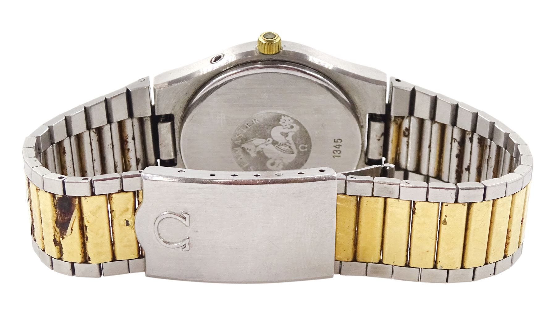 Omega Seamaster gentleman's quartz wristwatch, backcase No. 1345, champagne dial with baton hour markers and day / date aperture, boxed with papers