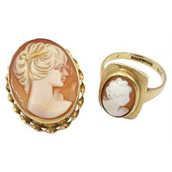Gold cameo ring and cameo brooch, both hallmarked 9ct