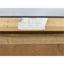 James Neal (Northern British 1918-2011): 'No. 7 (Second Version)' - Warehouses, oil on board signed, titled on label verso  68cm x 73cm 
Provenance: from The Bell Hotel, Driffield