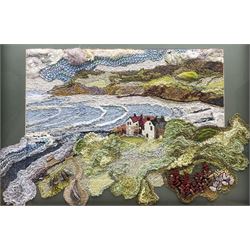 Pam Hoyle (Yorkshire Contemporary): Robin Hood's Bay, mixed media fabric collage signed 51cm x 70cm