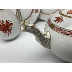 Herend Chinese Bouquet Rose pattern tea service comprising teapot, coffee pot, open sucrier, six cups and saucers, six tea plates, cream jug and stand, milk jug, two teabag holders, preserve pot, two leaf shaped dishes, four egg cups, salt & pepper pots, pair side plates and another plate