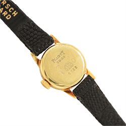 Piaget ladies 18ct gold manual wind wristwatch, silvered / champagne engine turned dial with dagger hour markers, back case No. 5635, Birmingham import mark 1956 with Helvetia hallmark, on black leather strap