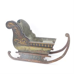 Unusual 18th century small Northern European wooden sled, with curved scroll back, the sides painted with coastal shipping scenes, the interior with removable zinc liner, upon curved irons painted with flower heads, H36cm W56cm D29cm