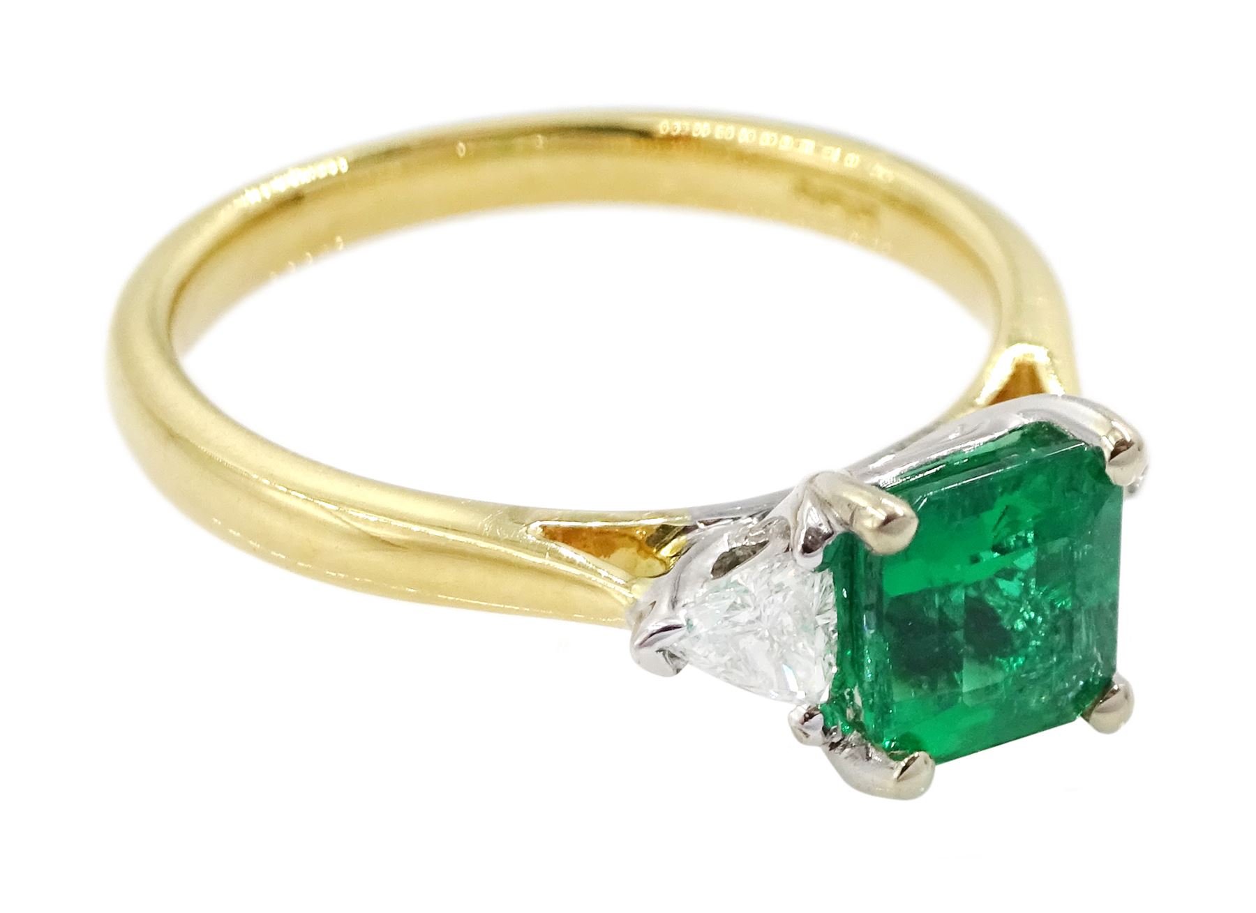 18ct gold three stone square cut emerald and trillion cut diamond ring, hallmarked, emerald approx 0.75 carat