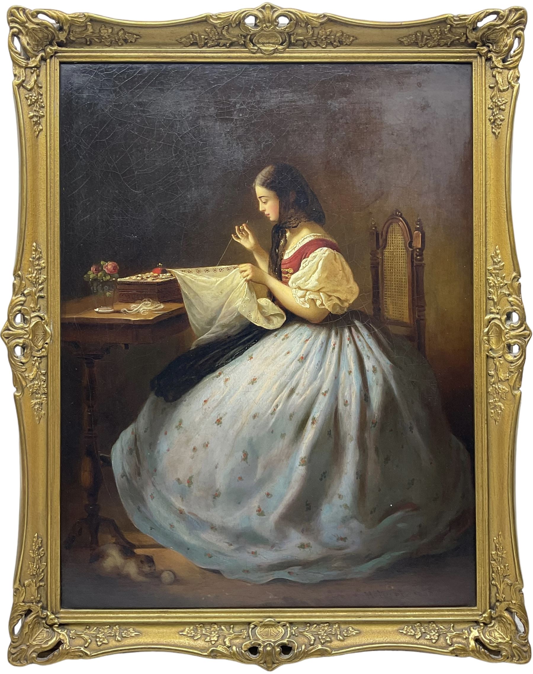 Anton Hölperl (Czech/Austrian 1820-1888): Girls Spinning, Embroidering and Grinding Coffee in Traditional Gowns, set three oils on canvas signed and dated 1863, 57cm x 43cm (3)