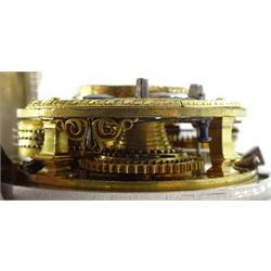 George III silver pair cased verge fusee pocket watch by David Crawford, Newcastle, No. 671, square baluster pillars, pierced and engraved balance cock, enamel polychrome dial depicting a figure fishing by a bridge, Roman hours and Arabic outer minute ring, beetle and poker hands, bull's eye glass, case markers mark D.P, London 1771