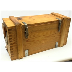 Pine ammunition box with steel fittings and rope carrying handles, L67cm  