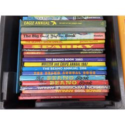 Children's annuals, books and booklets, including Scorcher Annual 1975, Valiant Annual 1977,  Beano Annual 2004, 2005 etc, The Big Enid Blyton Book, various Woman's Weekly magazines, Spot's Magical Christmas by Eric Hill and other similar hardback children's books etc, in four boxes 