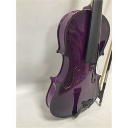 Intermusic 3/4 violin with a violet coloured solid wood body, ebonised fingerboard and fittings, bow and hard case, length 54cm