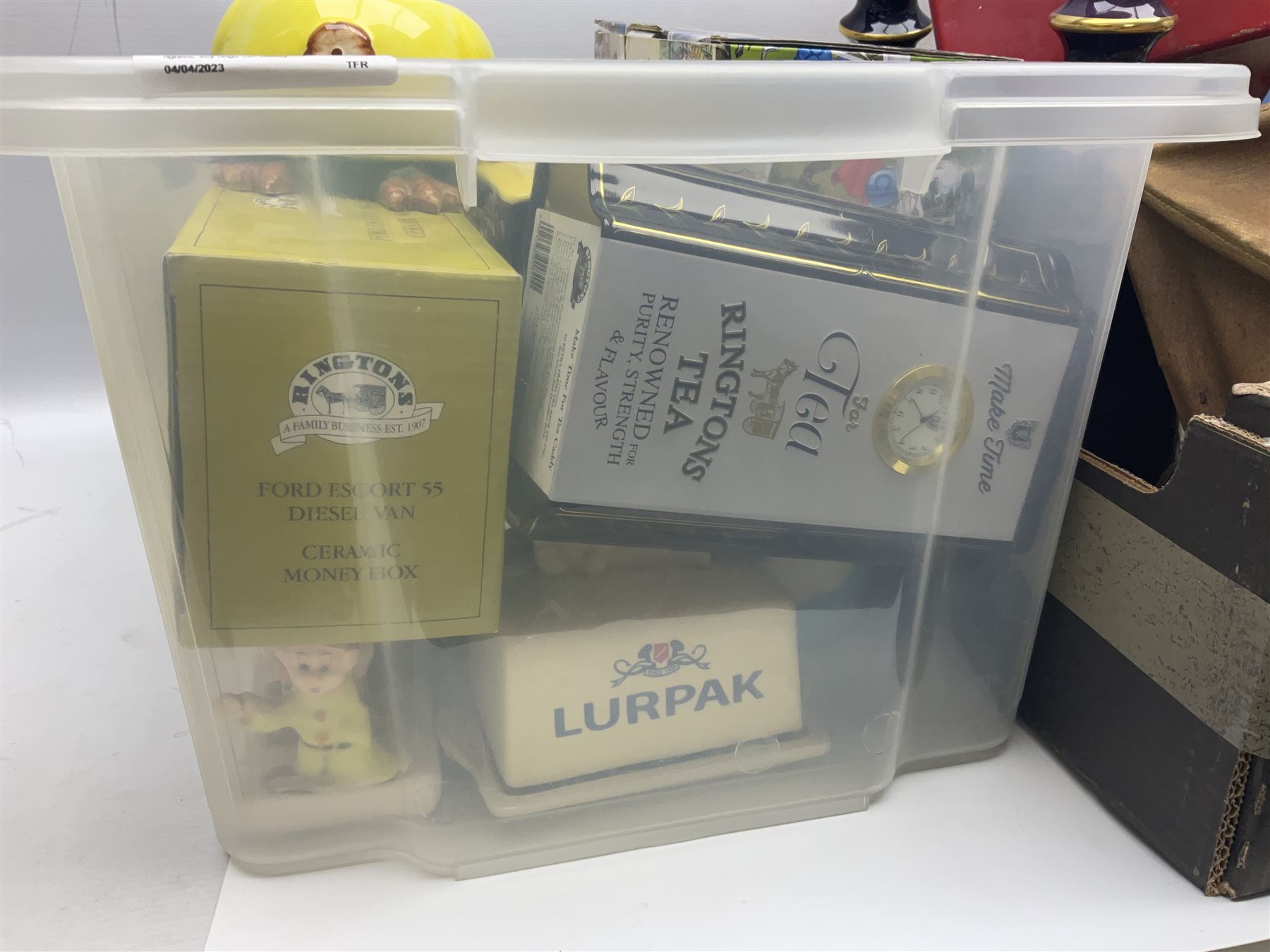 Gone Fishing Norman Rockwell The Saturday Evening Post figure, Animal Classics bird figure, Rington's novelty teapots, Fry's Chocolate reproduction box etc in three boxes